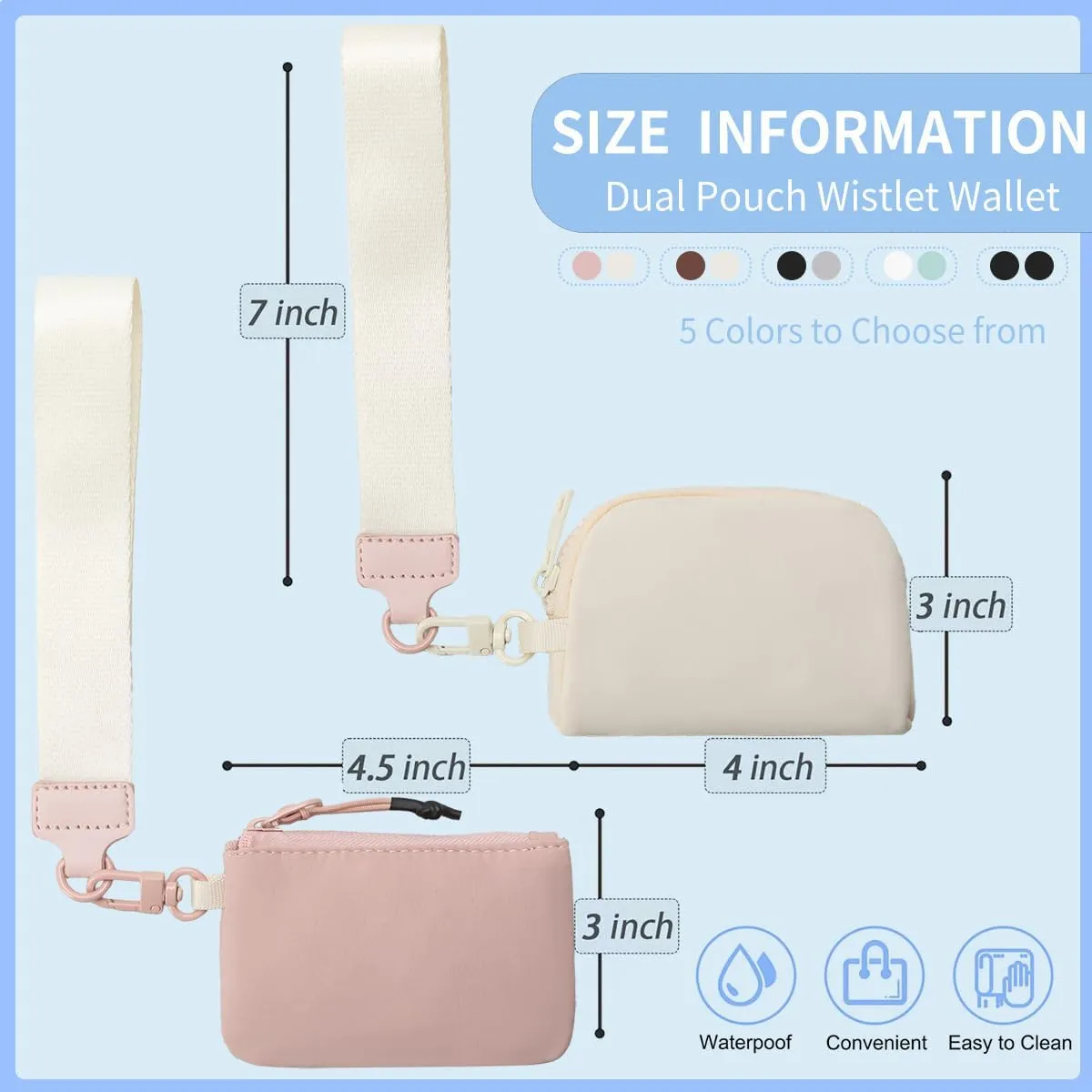 Mini Zip Around Dual Pouch Wristlet Portable Wristlet Wallet Detachable Coin Purse Pouch for Women - 2 detachable Keychain (White Mint Green)