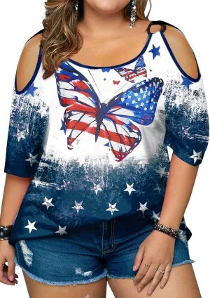 MNLYBABY Plus Size American Flag Shirt Women 4th of July Tee Shirt USA Stars Stripes T-Shirt Patriotic Cold Shoulder Tops