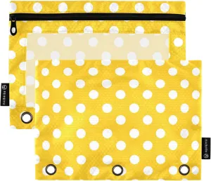 MNSRUU Pencil Pouch for 3 Ring Binder, Yellow Polka Dots Zipper Pouch 3 Ring Bags Clear Window Large Binder Pouches Holes for School Office, Set of 2