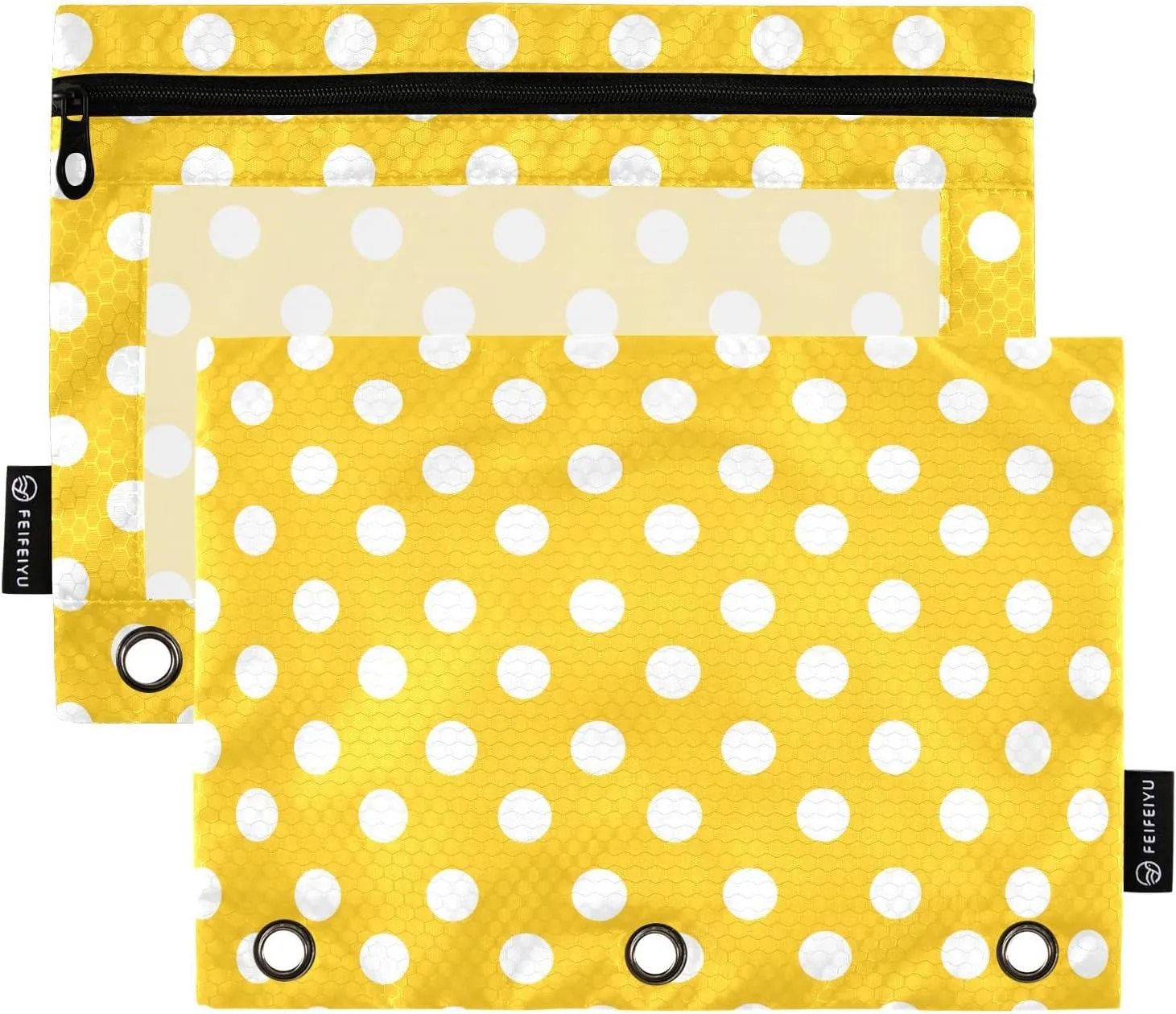 MNSRUU Pencil Pouch for 3 Ring Binder, Yellow Polka Dots Zipper Pouch 3 Ring Bags Clear Window Large Binder Pouches Holes for School Office, Set of 2