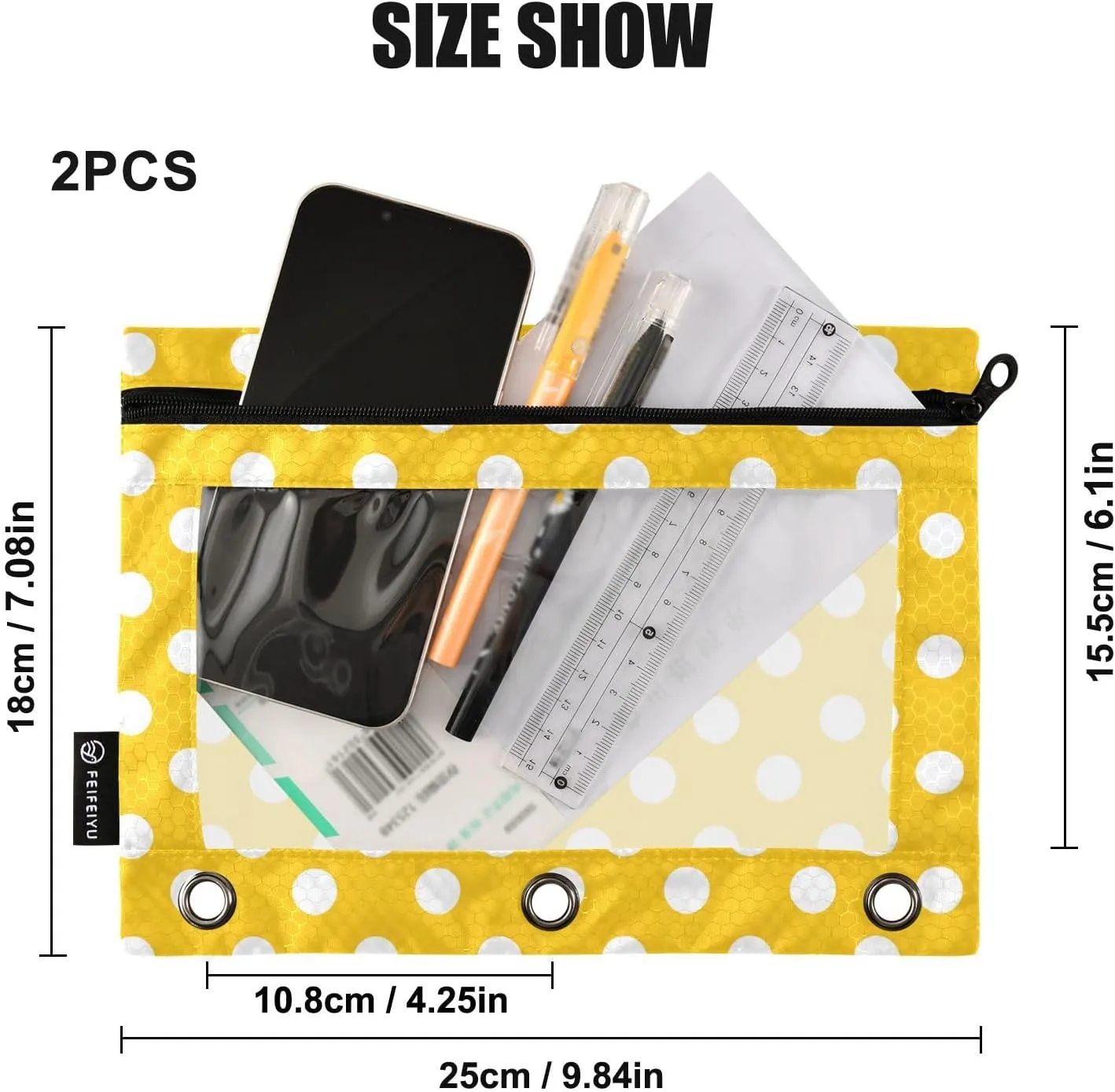 MNSRUU Pencil Pouch for 3 Ring Binder, Yellow Polka Dots Zipper Pouch 3 Ring Bags Clear Window Large Binder Pouches Holes for School Office, Set of 2