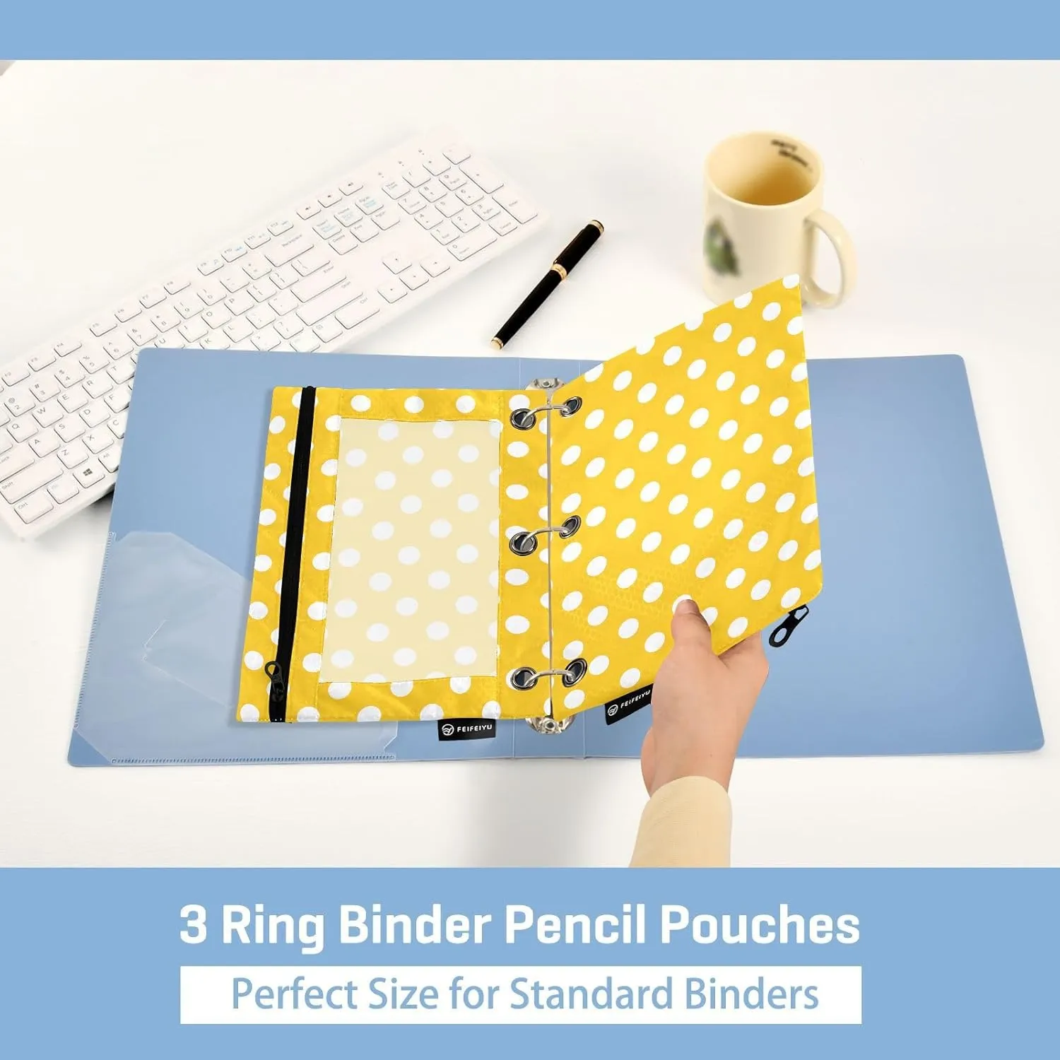 MNSRUU Pencil Pouch for 3 Ring Binder, Yellow Polka Dots Zipper Pouch 3 Ring Bags Clear Window Large Binder Pouches Holes for School Office, Set of 2