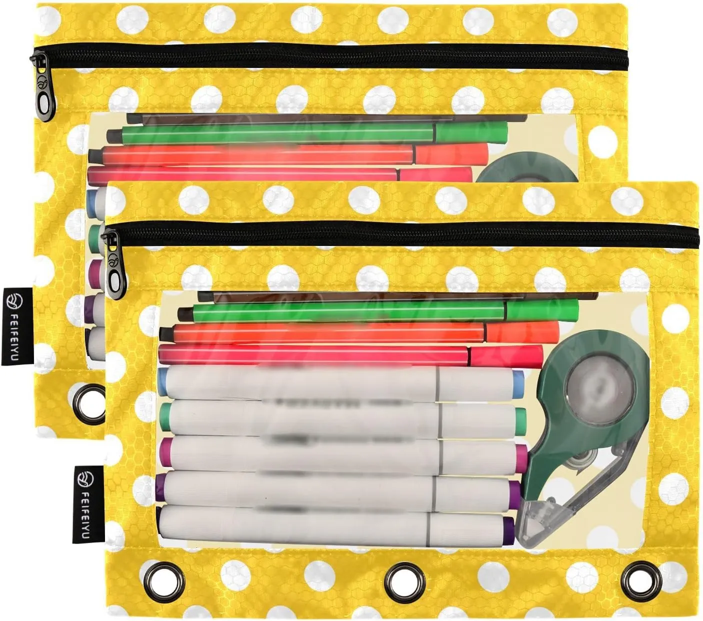 MNSRUU Pencil Pouch for 3 Ring Binder, Yellow Polka Dots Zipper Pouch 3 Ring Bags Clear Window Large Binder Pouches Holes for School Office, Set of 2