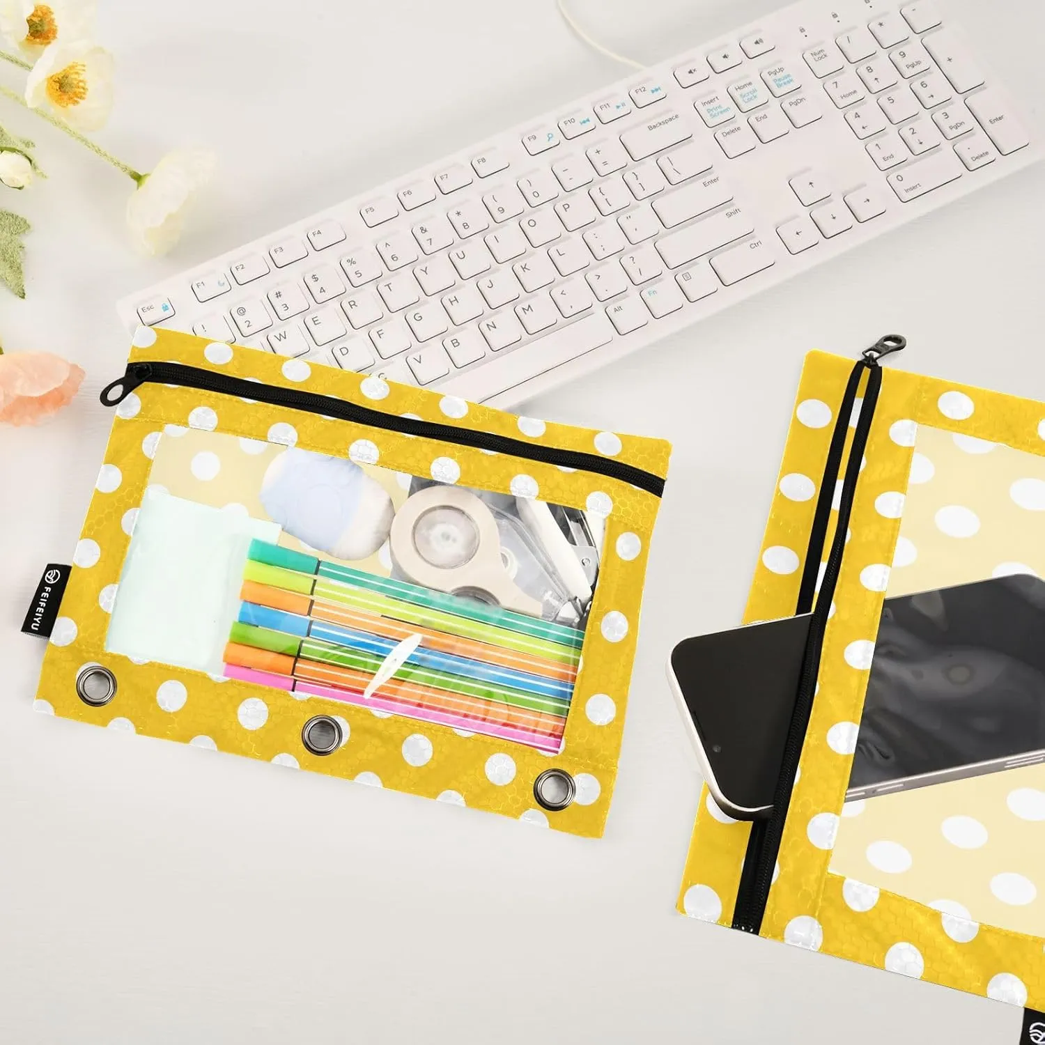 MNSRUU Pencil Pouch for 3 Ring Binder, Yellow Polka Dots Zipper Pouch 3 Ring Bags Clear Window Large Binder Pouches Holes for School Office, Set of 2