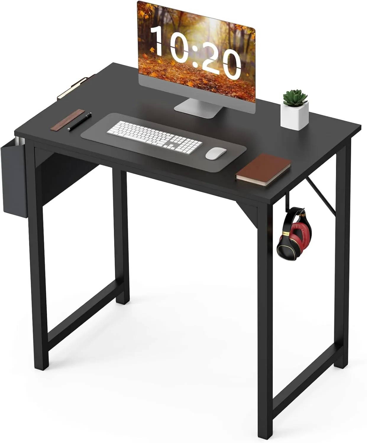 Modern Minimalist Computer Desk - Robust Home Office Desk with Eco-Friendly Desktop, Storage Bag & Hook - for Study, Writing desks, Workspace Organization (Black, 30-inch)
