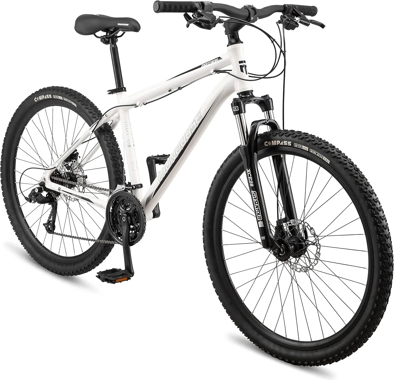 Mongoose Montana Sport and Comp Men and Women Mountain Bike, 18 or 21-Speed Drivetrain with Trigger Shifters, 15 to 18.5-Inch Frames, 27.5-Inch Wheels