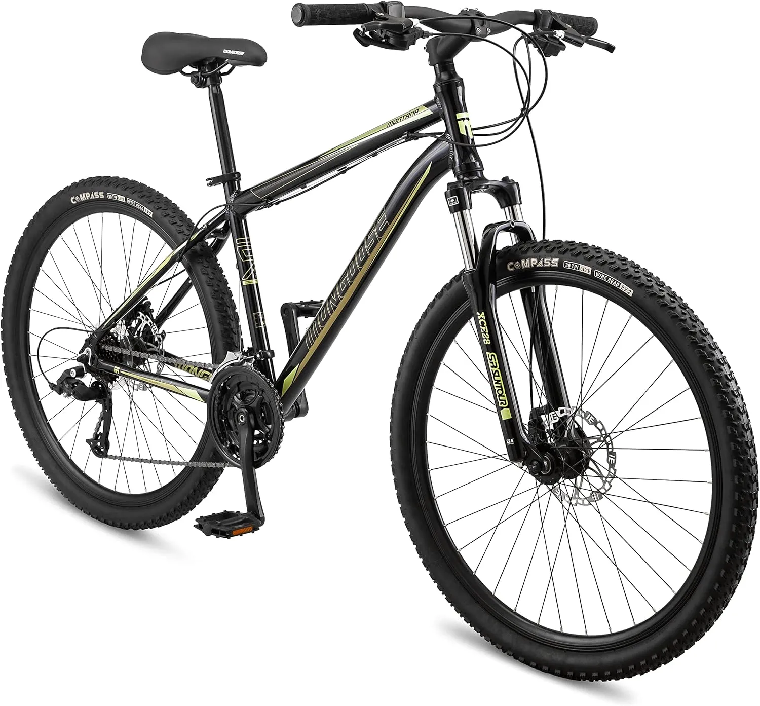 Mongoose Montana Sport and Comp Men and Women Mountain Bike, 18 or 21-Speed Drivetrain with Trigger Shifters, 15 to 18.5-Inch Frames, 27.5-Inch Wheels