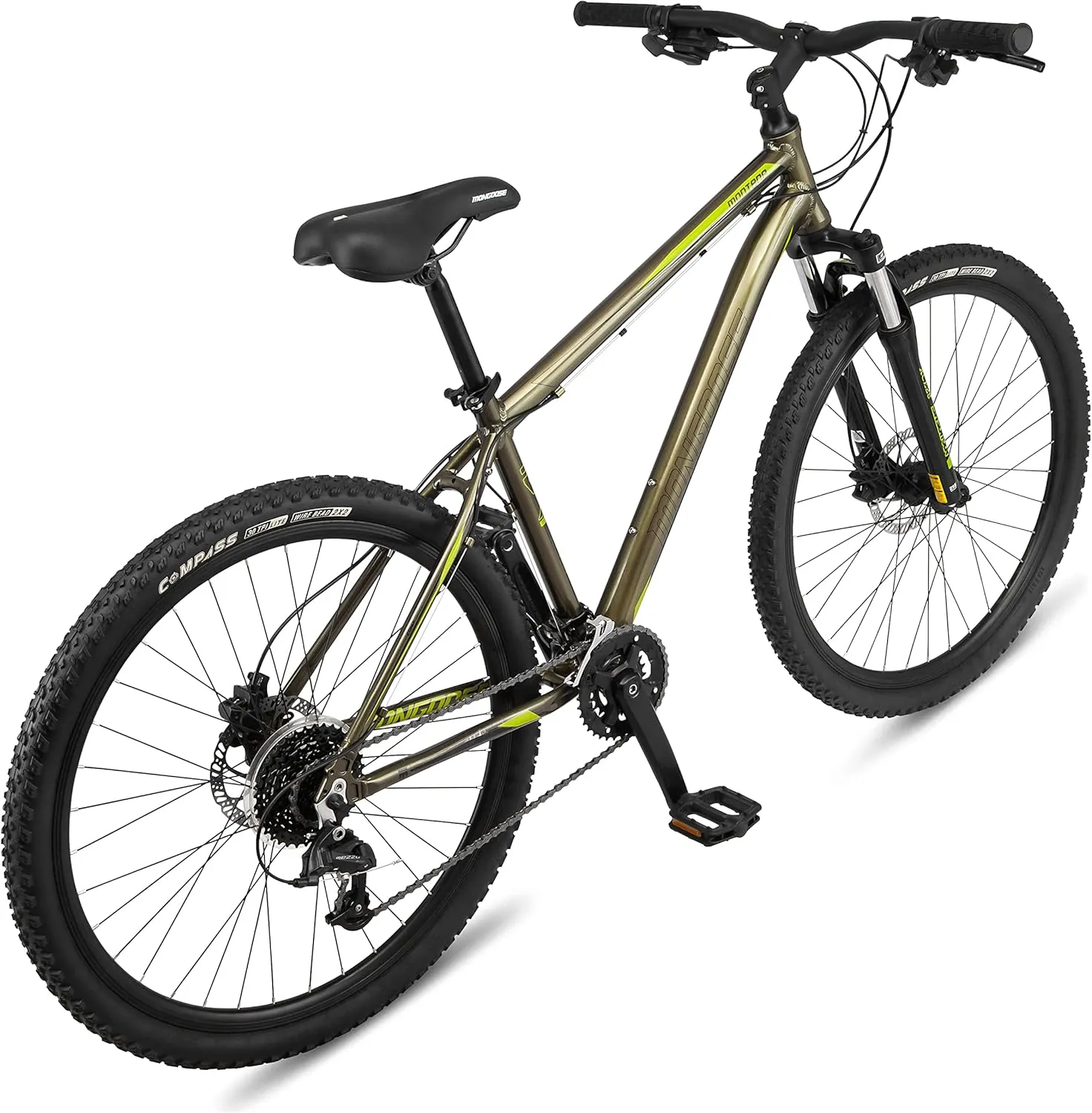 Mongoose Montana Sport and Comp Men and Women Mountain Bike, 18 or 21-Speed Drivetrain with Trigger Shifters, 15 to 18.5-Inch Frames, 27.5-Inch Wheels