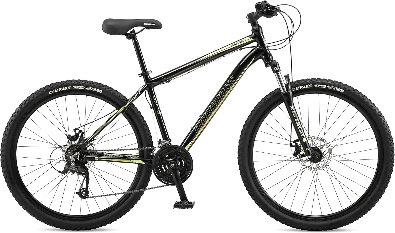 Mongoose Montana Sport and Comp Men and Women Mountain Bike, 18 or 21-Speed Drivetrain with Trigger Shifters, 15 to 18.5-Inch Frames, 27.5-Inch Wheels