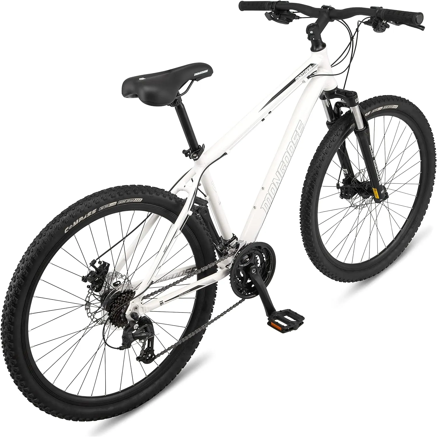 Mongoose Montana Sport and Comp Men and Women Mountain Bike, 18 or 21-Speed Drivetrain with Trigger Shifters, 15 to 18.5-Inch Frames, 27.5-Inch Wheels