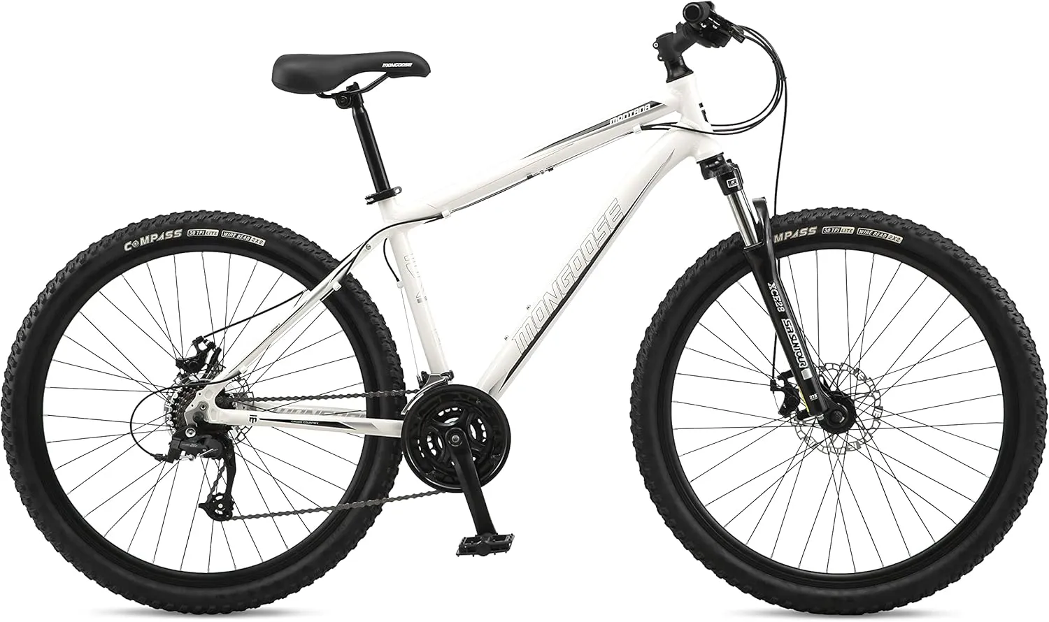 Mongoose Montana Sport and Comp Men and Women Mountain Bike, 18 or 21-Speed Drivetrain with Trigger Shifters, 15 to 18.5-Inch Frames, 27.5-Inch Wheels