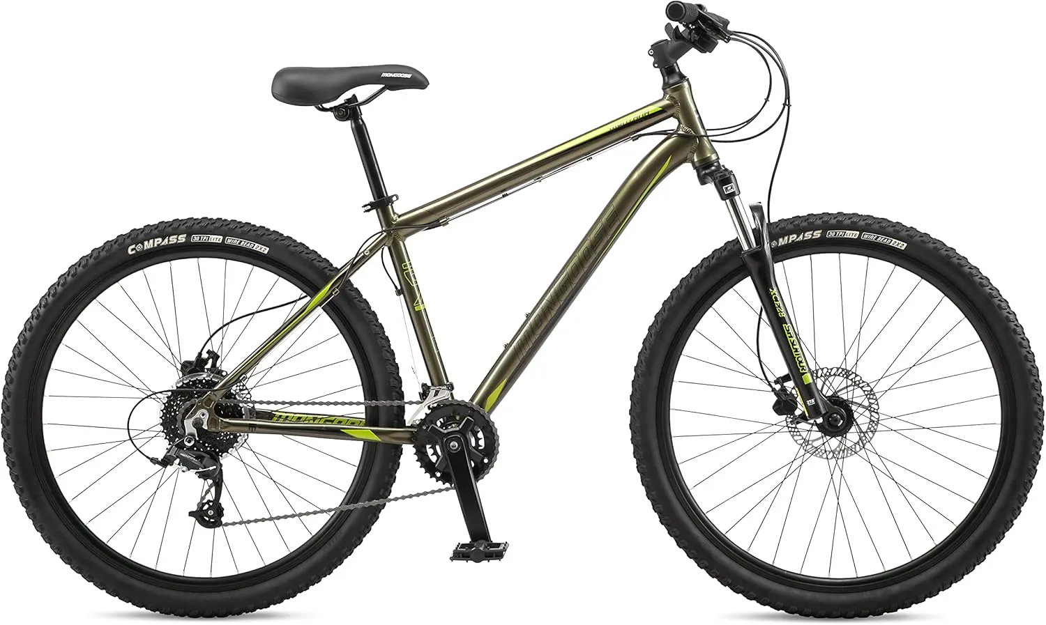 Mongoose Montana Sport and Comp Men and Women Mountain Bike, 18 or 21-Speed Drivetrain with Trigger Shifters, 15 to 18.5-Inch Frames, 27.5-Inch Wheels