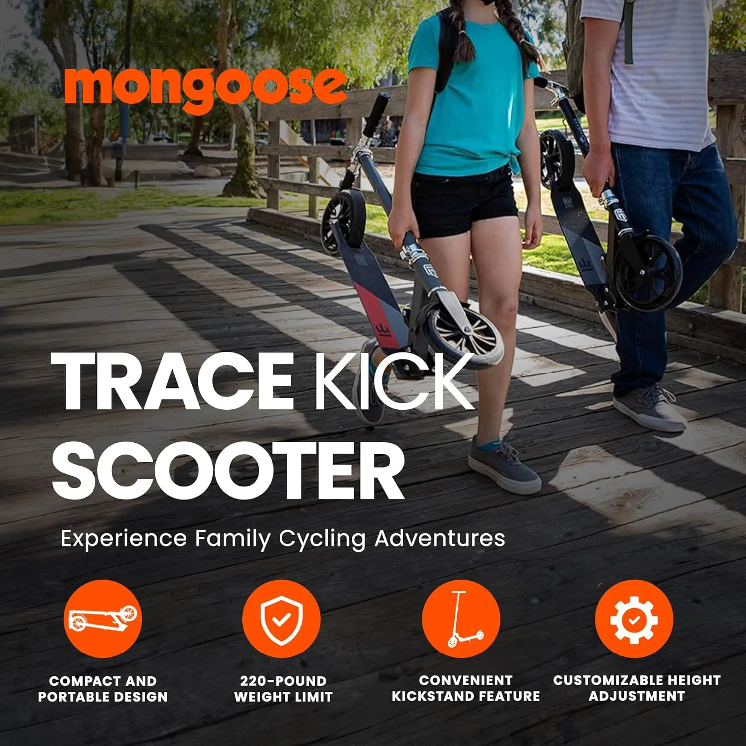 Mongoose Trace Kick Scooter for Youth Adult Boys and Girls, Quick-Release, Lightweight & Easy Folding Scooter, Bike Style Grips, Supports 176 lb Up to 220 lbs