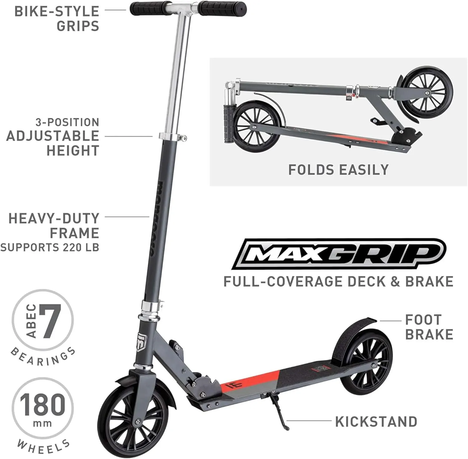Mongoose Trace Kick Scooter for Youth Adult Boys and Girls, Quick-Release, Lightweight & Easy Folding Scooter, Bike Style Grips, Supports 176 lb Up to 220 lbs