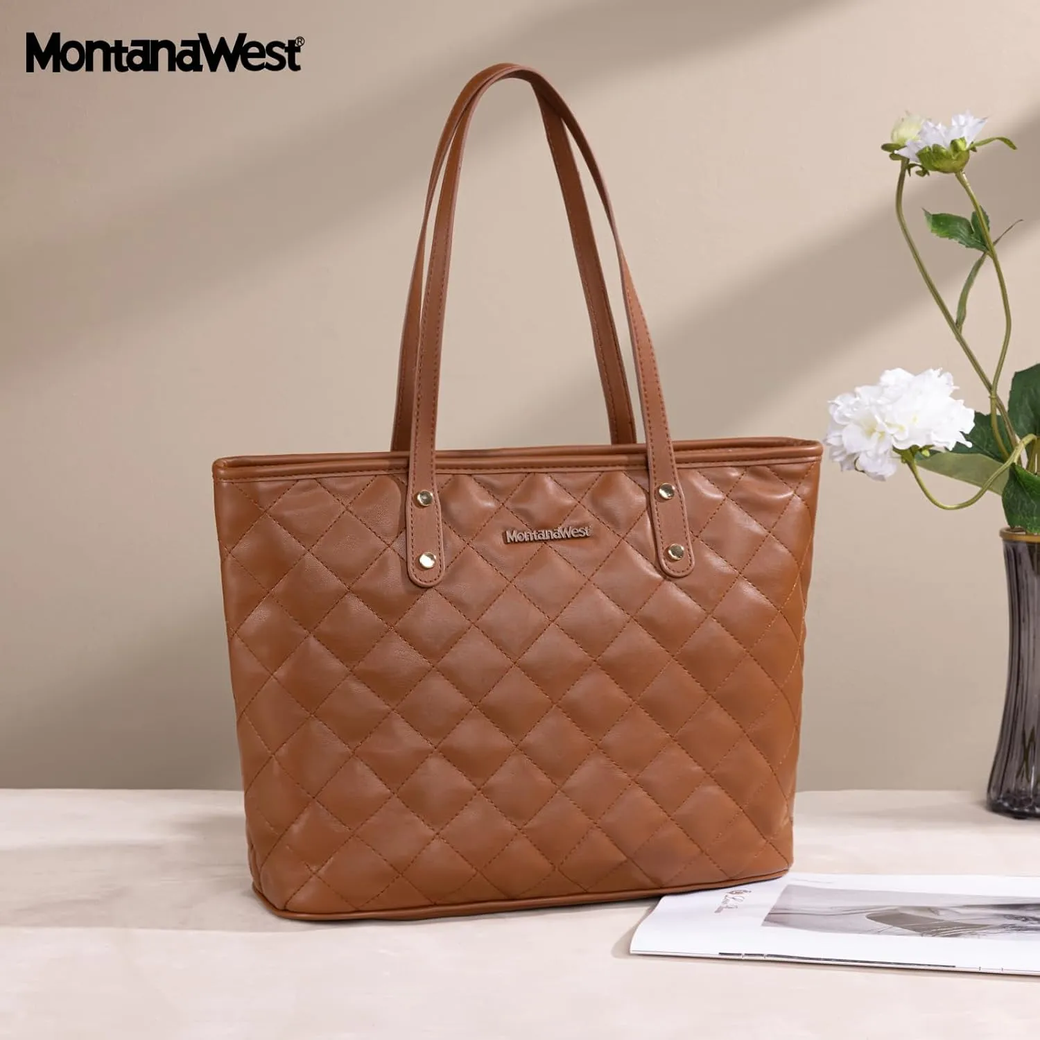 Montana West Quilted Tote Bag for Women Large Shoulder Bag Fashion Handbags with Top Zipper