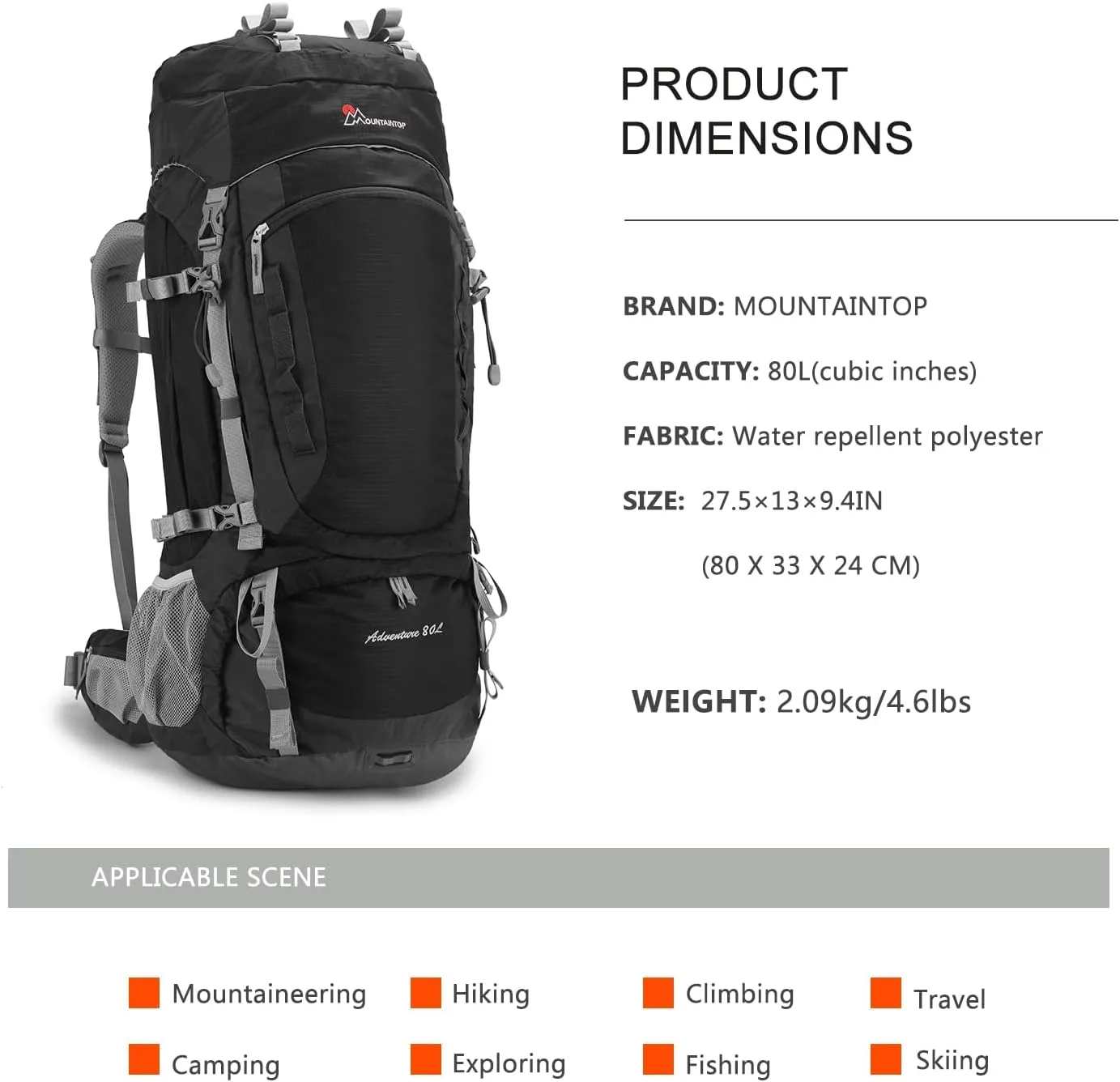MOUNTAINTOP 80L Internal Frame Backpack for Man & Women Backpacking Hiking Backpack with Rain Cover
