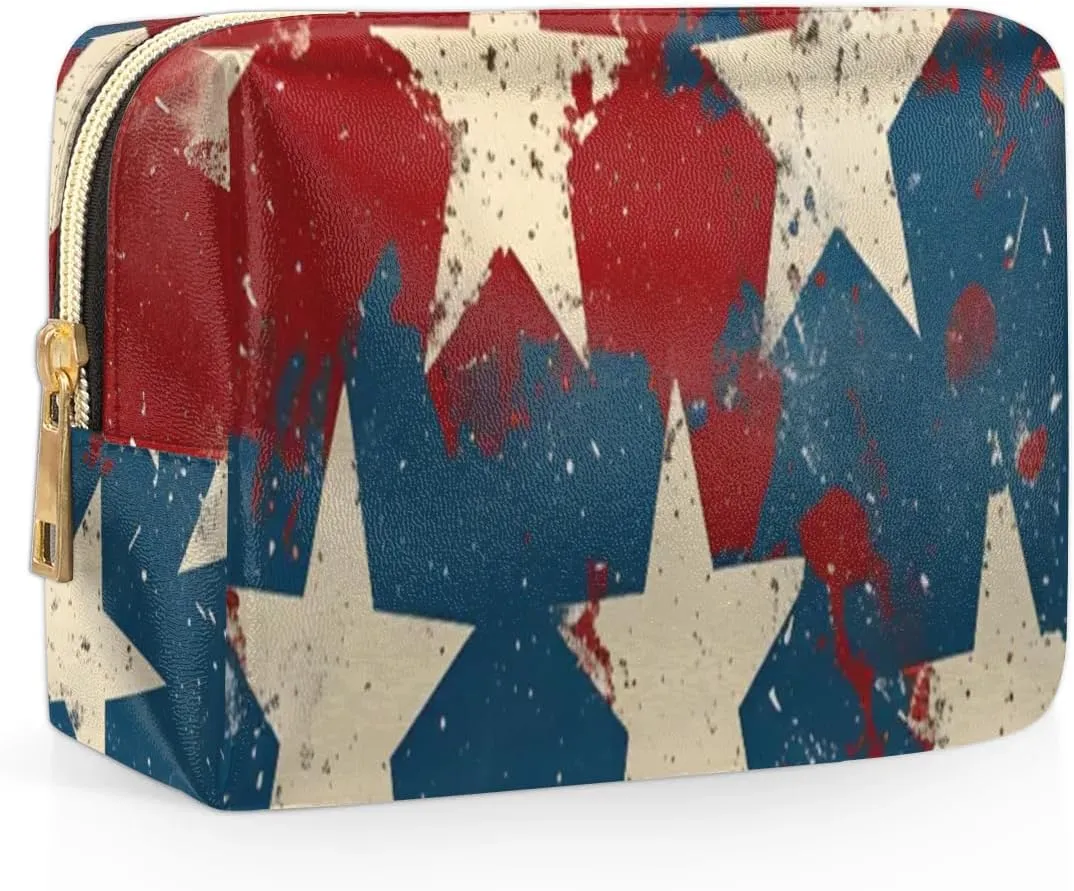 Multicolor Stars Patterns Travel Makeup Bag for Women, PU Leather Waterproof Checkered Cosmetic Bags Large Make up Bag Zipper Pouch