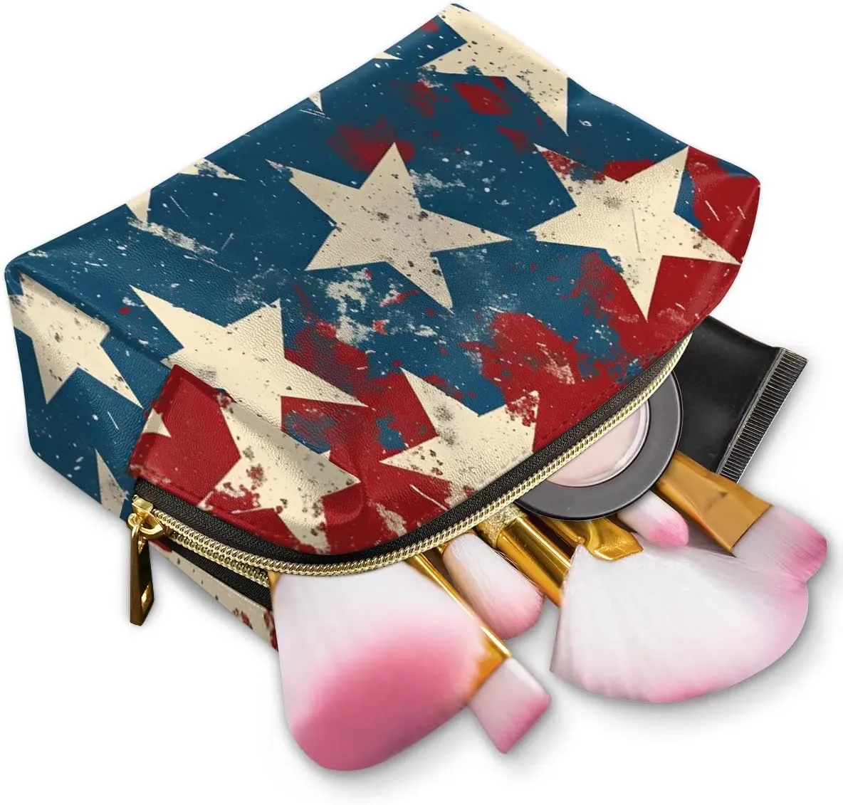 Multicolor Stars Patterns Travel Makeup Bag for Women, PU Leather Waterproof Checkered Cosmetic Bags Large Make up Bag Zipper Pouch