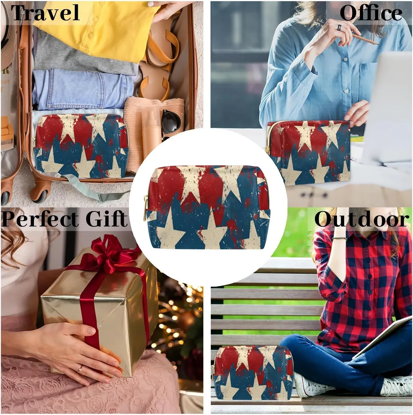 Multicolor Stars Patterns Travel Makeup Bag for Women, PU Leather Waterproof Checkered Cosmetic Bags Large Make up Bag Zipper Pouch