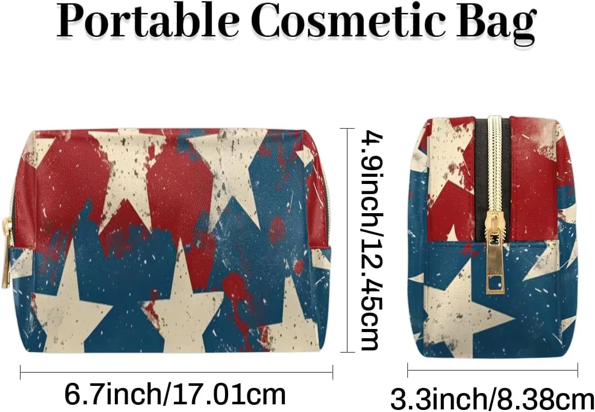 Multicolor Stars Patterns Travel Makeup Bag for Women, PU Leather Waterproof Checkered Cosmetic Bags Large Make up Bag Zipper Pouch