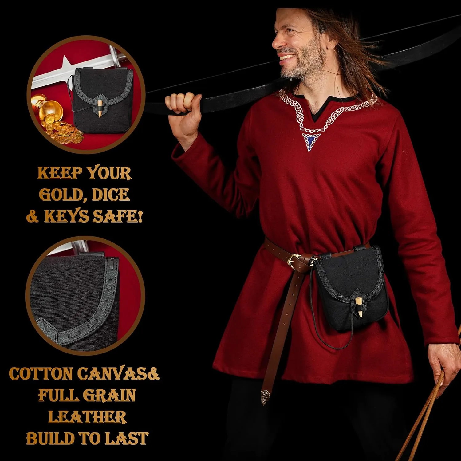 Mythrojan Viking Leather Belt Bag - Medieval & Renaissance Costume Accessories - LARP Waist Bag - Cosplay Coin Purse - Antique Vintage Coin Pouch