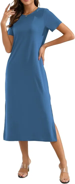 Naggoo Women's Short Sleeve Split Maxi Dress Casual Plain Tie Dye Print Tshirt Long Dresses with Pockets