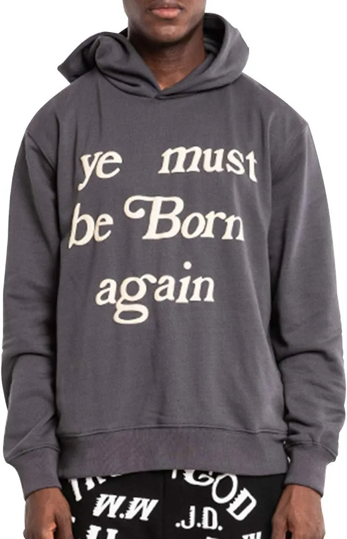 NAGRI Ye Must Be Born Again Hoodie Hip Pop Graphic Print Fashion Long Sleeve Heavyweight Hooded Sweatshirt Grey