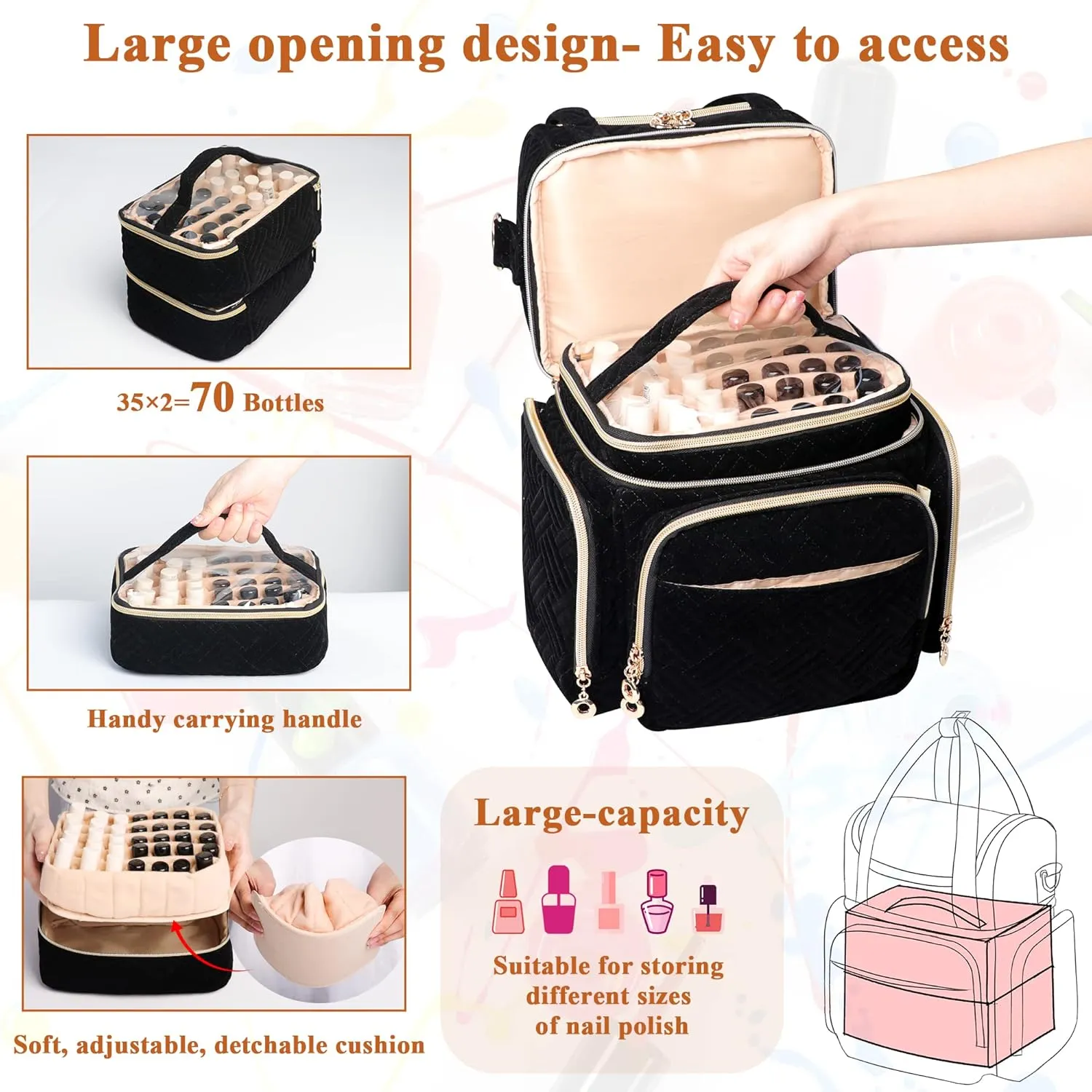 Nail Polish Organizer Bag Holds 70 Bottles& Nail Lamp, Velvet Nail Kit Storage Carrying Case with 2 Removable Pouches, Portable Nail Supplies Shoulder Bag for Manicure Tools (Elegant Black)