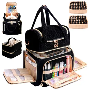Nail Polish Organizer Bag Holds 70 Bottles& Nail Lamp, Velvet Nail Kit Storage Carrying Case with 2 Removable Pouches, Portable Nail Supplies Shoulder Bag for Manicure Tools (Elegant Black)
