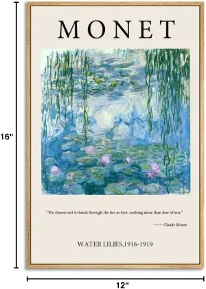 NARIA ART Framed Canvas Prints Wall Art,Water Lilies Famous Painting Prints By Claude Monet,Bedroom,Office-12''x16''Natural Framed