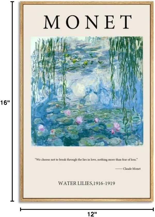 NARIA ART Framed Canvas Prints Wall Art,Water Lilies Famous Painting Prints By Claude Monet,Bedroom,Office-12''x16''Natural Framed