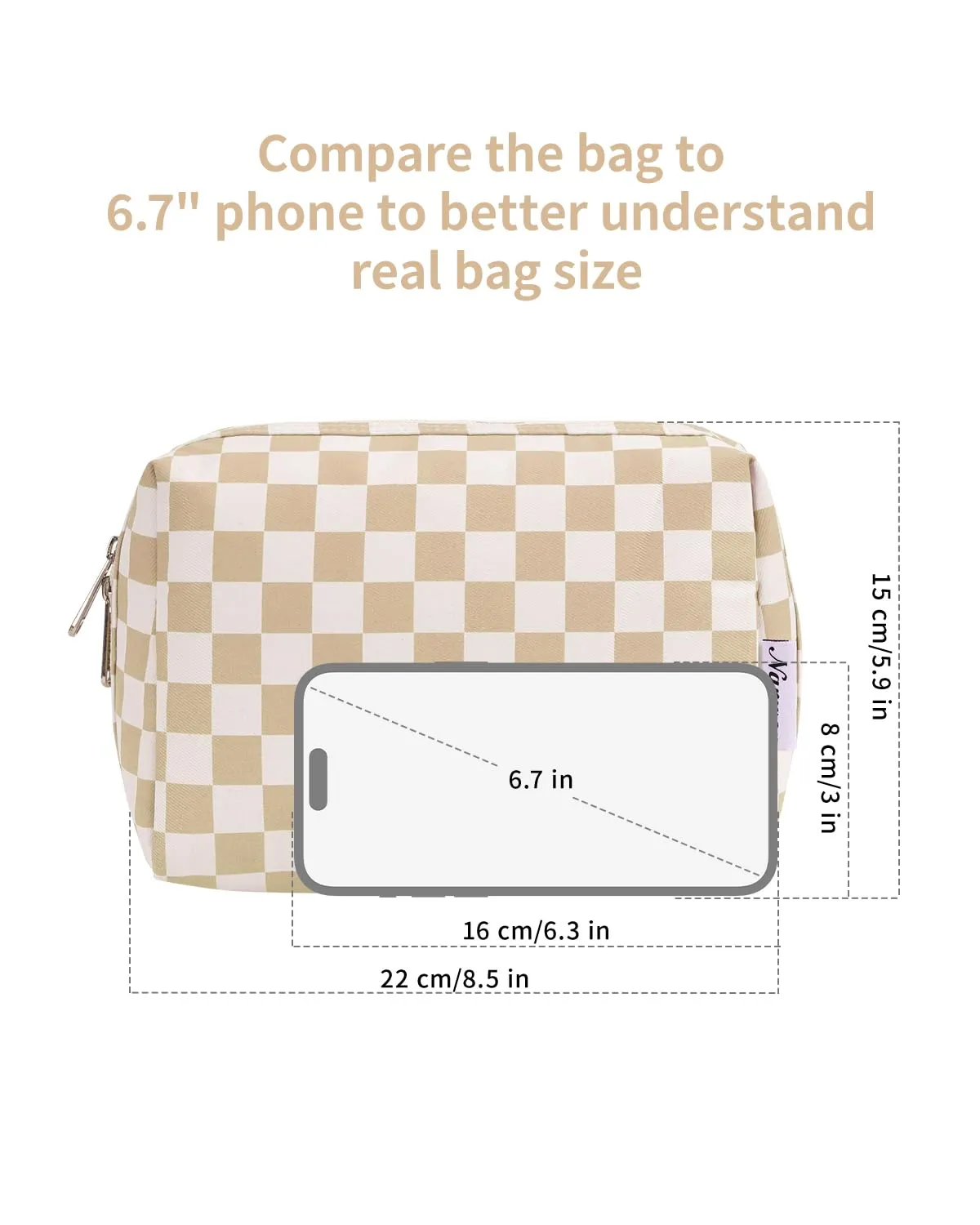 Narwey Checkered Makeup Bag Travel Cosmetic Bag Organizer Toiletry Bag Make Up Bags with Compartments for Women Girls (Large, Light Checkerboard)