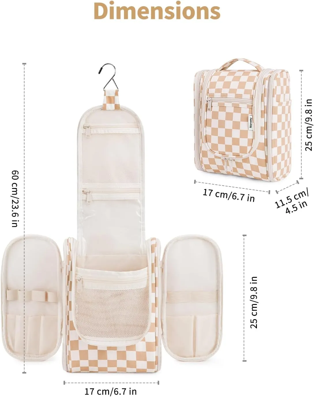 Narwey Small Checkered Hanging Travel Toiletry Bag for Women, Travel Bag for Toiletries, Makeup Bag Organizer Cosmetic Bags Make Up Bags for Women (Light Checkerboard)