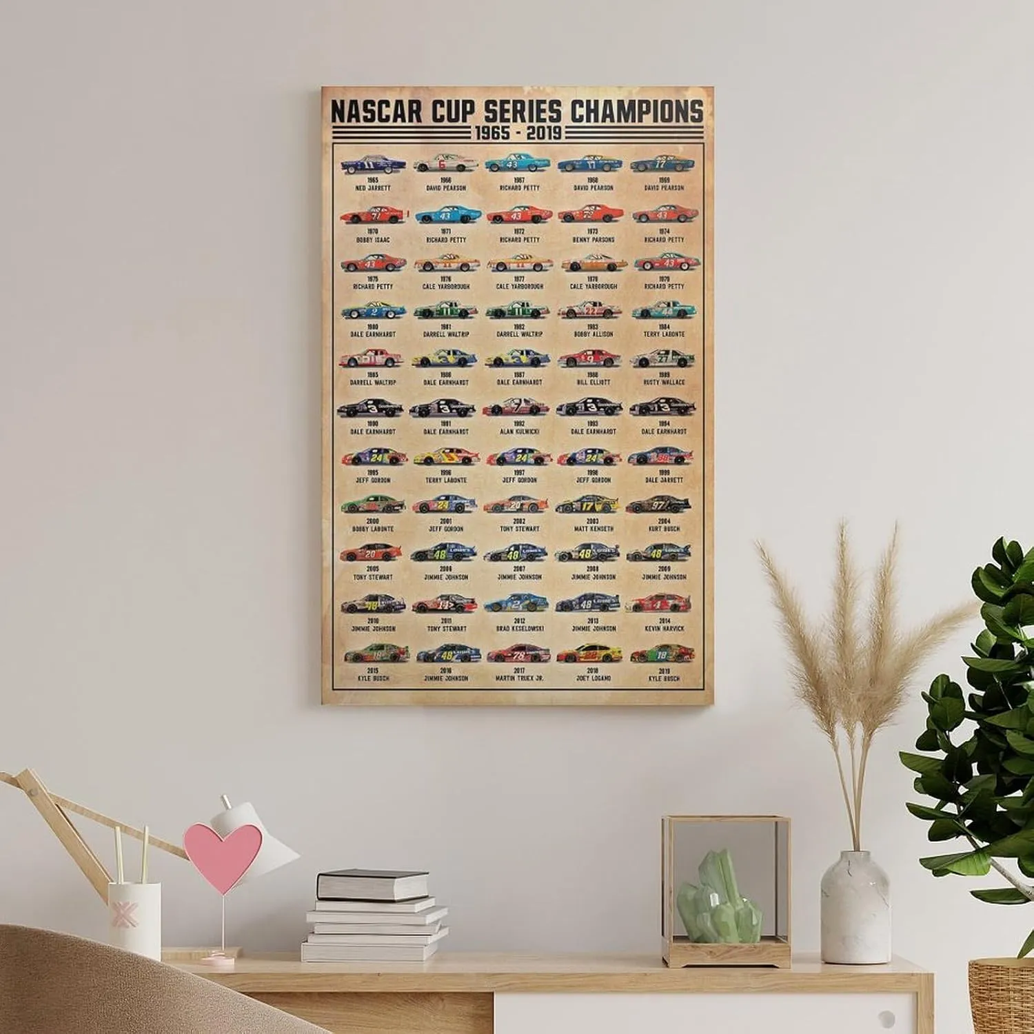 Nas car Cup Series Champions Car Racing Poster 1965-2019, Nas car Gift Posters Canvas Art Poster And Wall Art Picture Print Modern Family Bedroom Decor Posters 16x24inch(40x60cm)