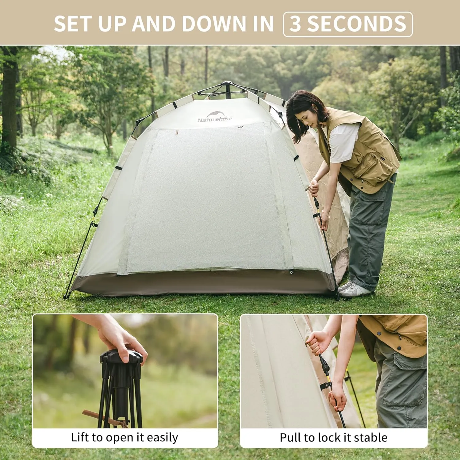 Naturehike Ango Camping Tent,3 Person 4 Person Instant Cabin Tent,Easy Setup Pop up Tents for Camping,3-4 People Family Camp Tent