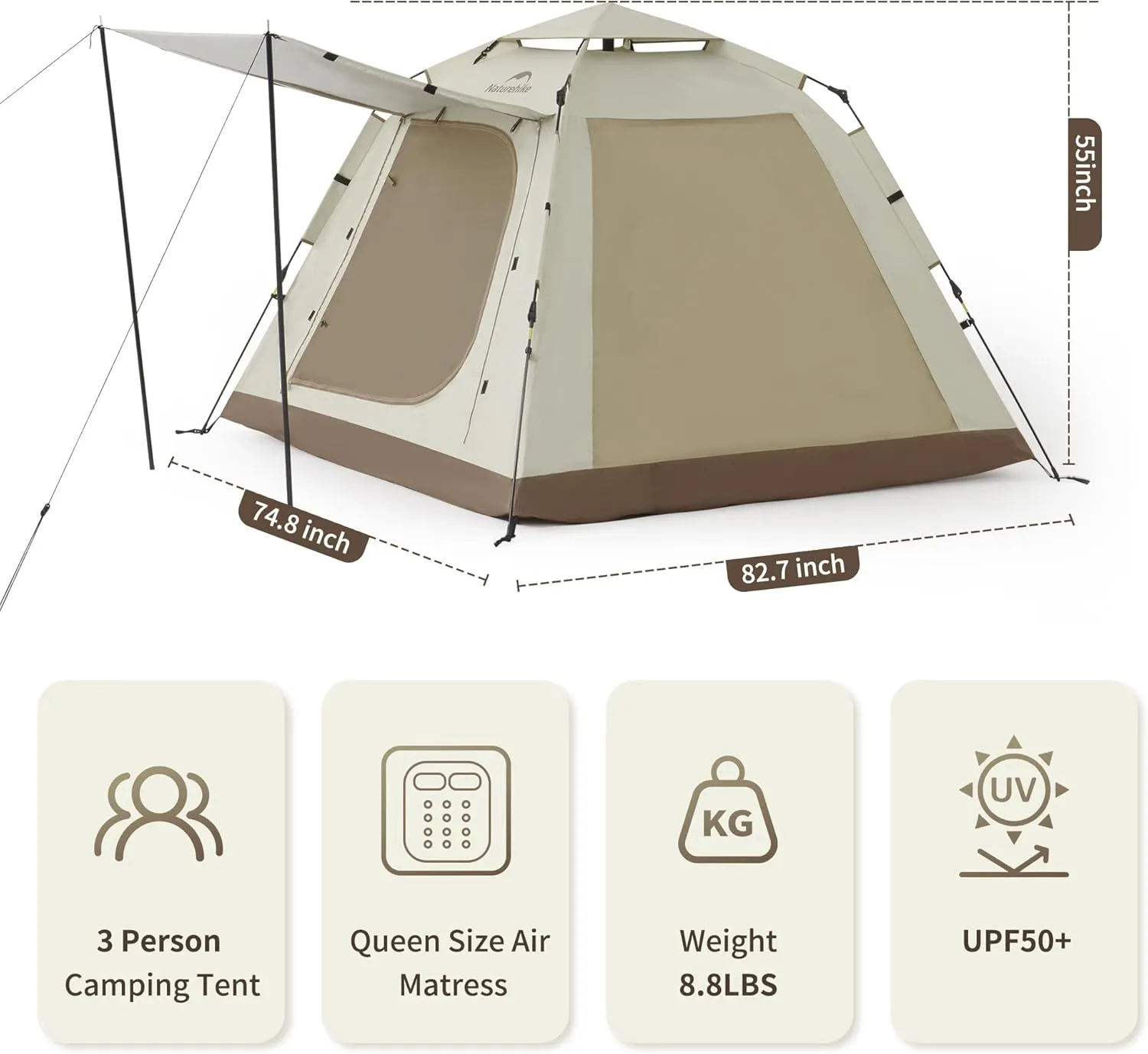 Naturehike Ango Camping Tent,3 Person 4 Person Instant Cabin Tent,Easy Setup Pop up Tents for Camping,3-4 People Family Camp Tent