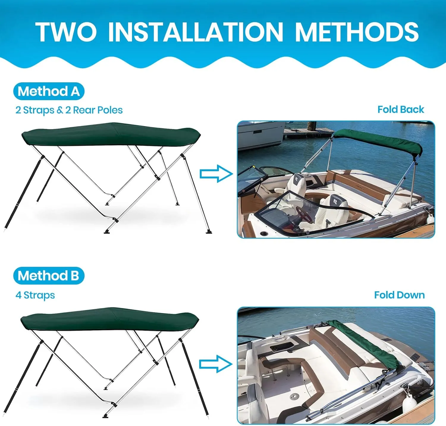 Naviskin 10 Optional Colors Available 3-4 Bow 13 Different Size Bimini Top Cover Includes Mounting Hardwares,Storage Boot with 1 Inch Aluminum Frame