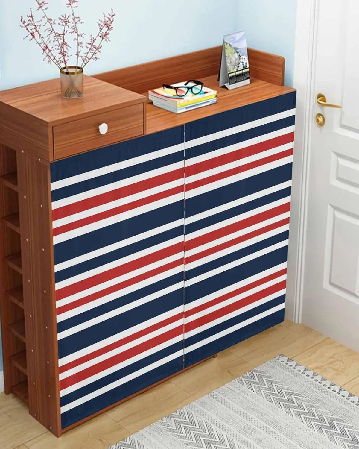 Navy Blue Red Striped Self Adhesive Blackout Curtains with Tiebacks,Portable Rod Pocket Living Room Darkening Curtains for Kitchen,Gradient Horizontal Lines Thermal Insulated Windows Cover,52Wx63H