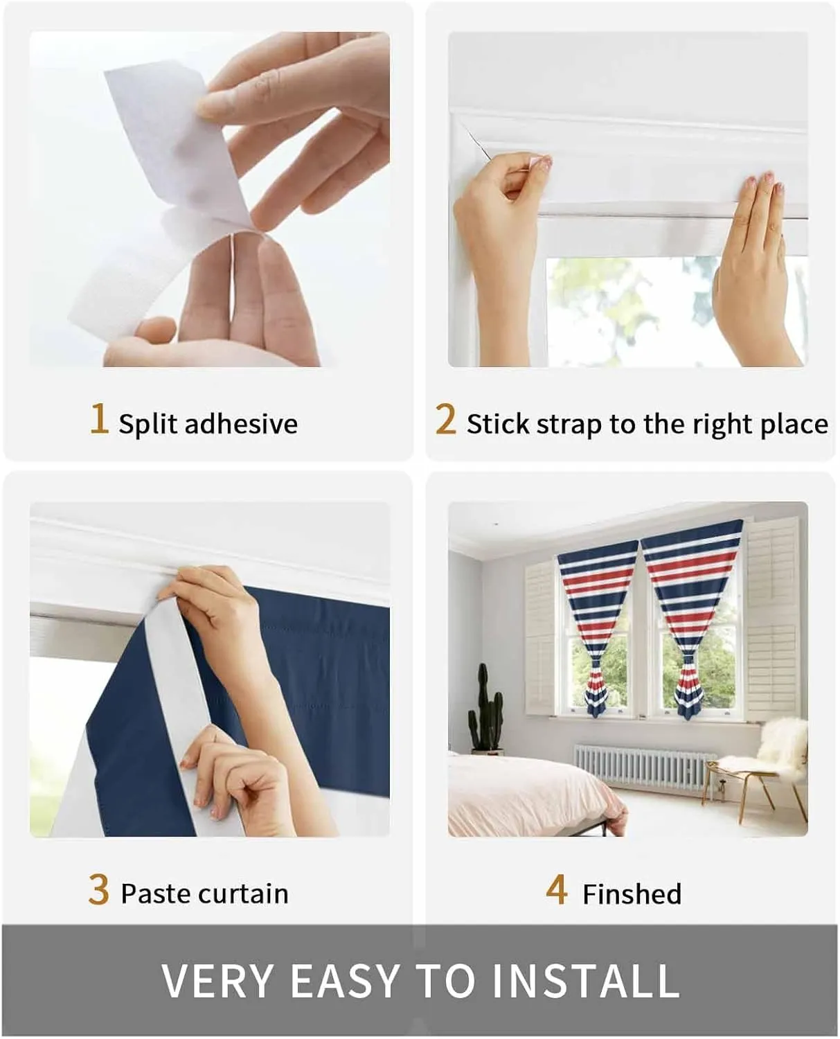 Navy Blue Red Striped Self Adhesive Blackout Curtains with Tiebacks,Portable Rod Pocket Living Room Darkening Curtains for Kitchen,Gradient Horizontal Lines Thermal Insulated Windows Cover,52Wx63H