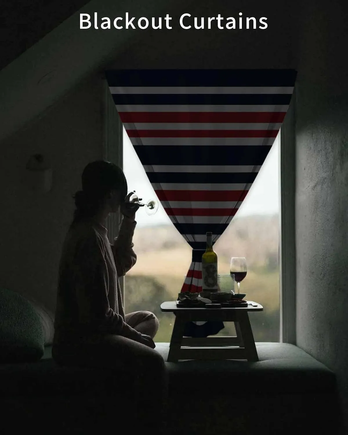 Navy Blue Red Striped Self Adhesive Blackout Curtains with Tiebacks,Portable Rod Pocket Living Room Darkening Curtains for Kitchen,Gradient Horizontal Lines Thermal Insulated Windows Cover,52Wx63H