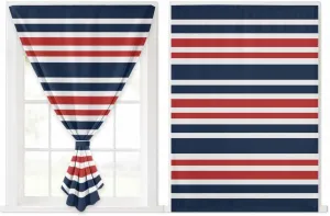 Navy Blue Red Striped Self Adhesive Blackout Curtains with Tiebacks,Portable Rod Pocket Living Room Darkening Curtains for Kitchen,Gradient Horizontal Lines Thermal Insulated Windows Cover,52Wx63H