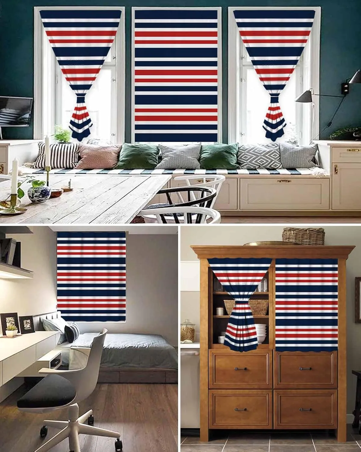 Navy Blue Red Striped Self Adhesive Blackout Curtains with Tiebacks,Portable Rod Pocket Living Room Darkening Curtains for Kitchen,Gradient Horizontal Lines Thermal Insulated Windows Cover,52Wx63H