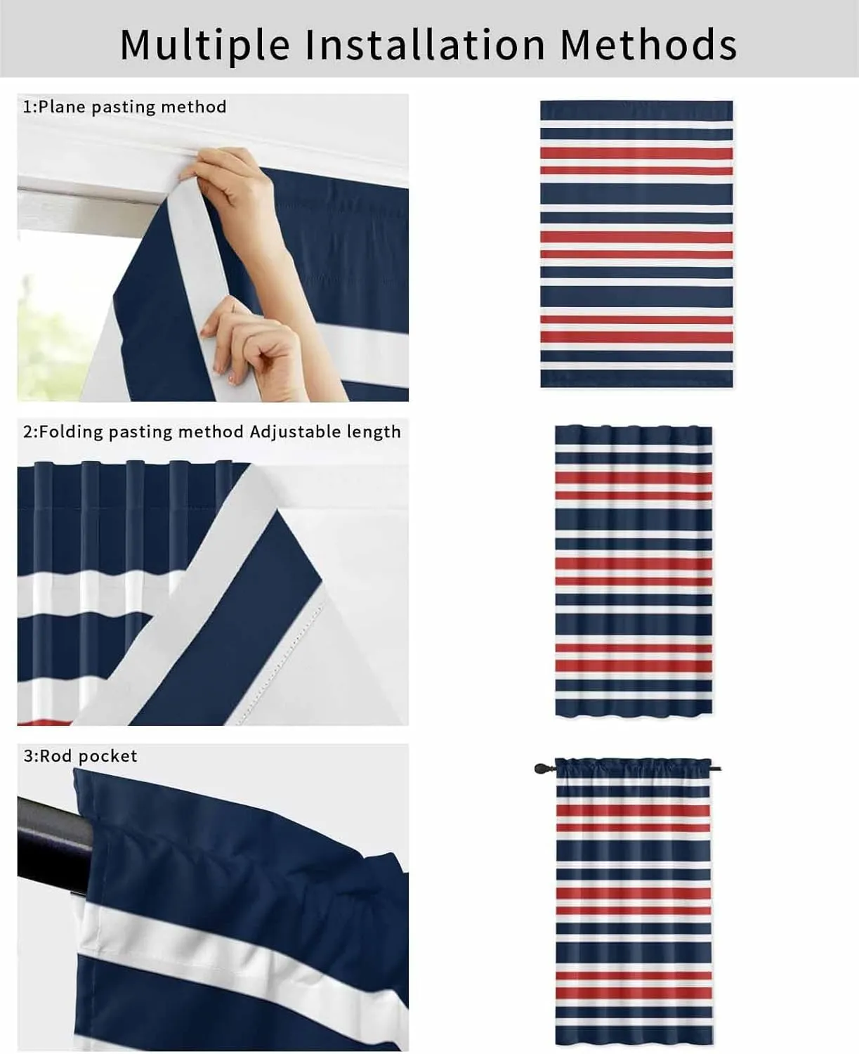 Navy Blue Red Striped Self Adhesive Blackout Curtains with Tiebacks,Portable Rod Pocket Living Room Darkening Curtains for Kitchen,Gradient Horizontal Lines Thermal Insulated Windows Cover,52Wx63H