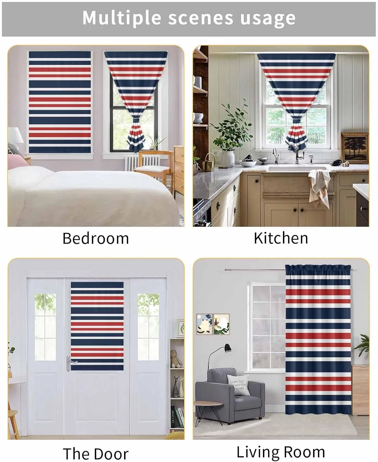 Navy Blue Red Striped Self Adhesive Blackout Curtains with Tiebacks,Portable Rod Pocket Living Room Darkening Curtains for Kitchen,Gradient Horizontal Lines Thermal Insulated Windows Cover,52Wx63H