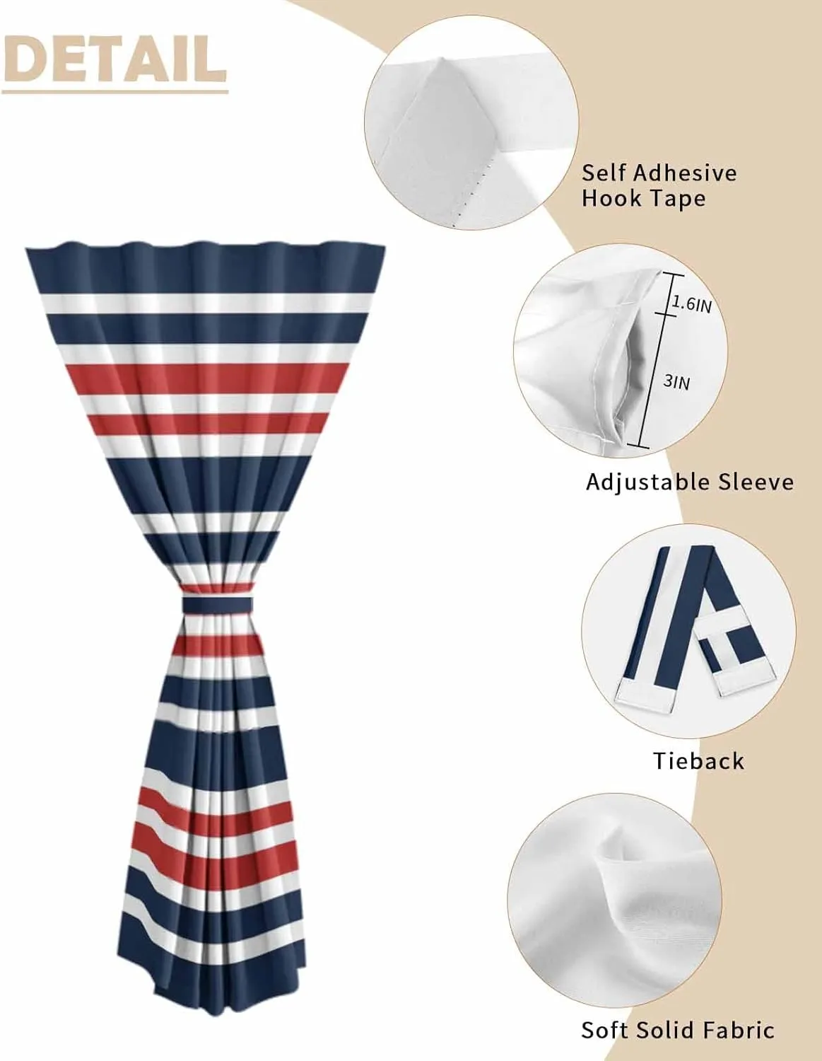 Navy Blue Red Striped Self Adhesive Blackout Curtains with Tiebacks,Portable Rod Pocket Living Room Darkening Curtains for Kitchen,Gradient Horizontal Lines Thermal Insulated Windows Cover,52Wx63H