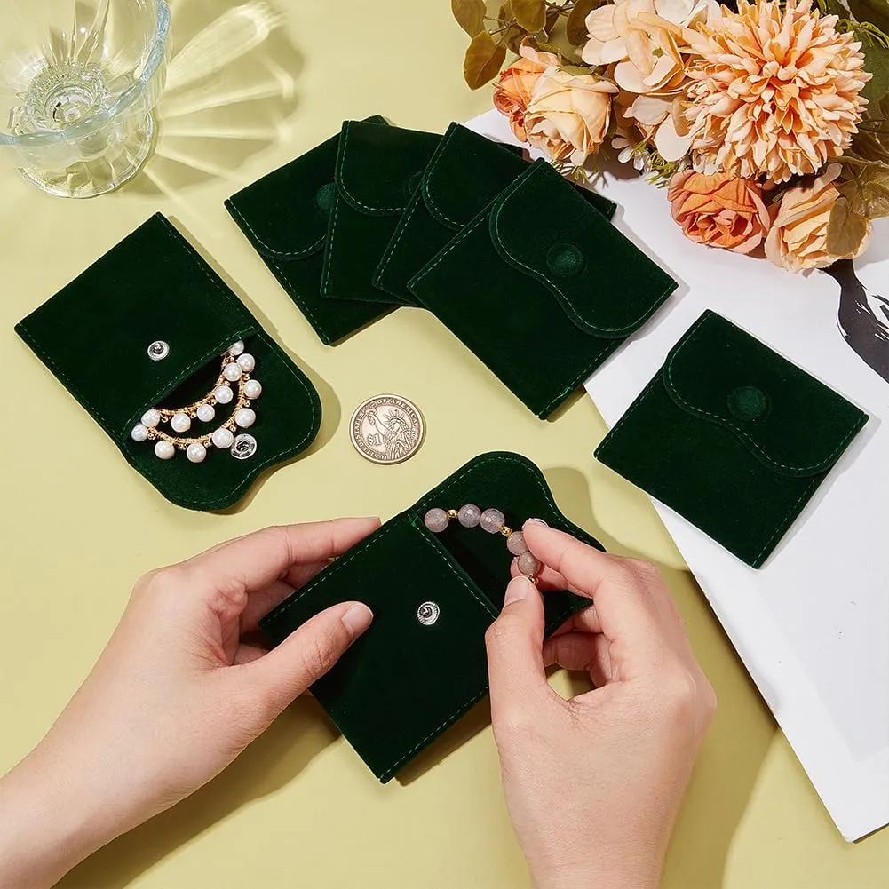 NBEADS 10 Pcs Velvet Jewelry Pouches with Snap Button, 2.76x2.76 Inch Square Velvet Jewelry Storage Bags Luxury Gift Bag and Jewelry Necklace Bracelet Packing, Dark Green