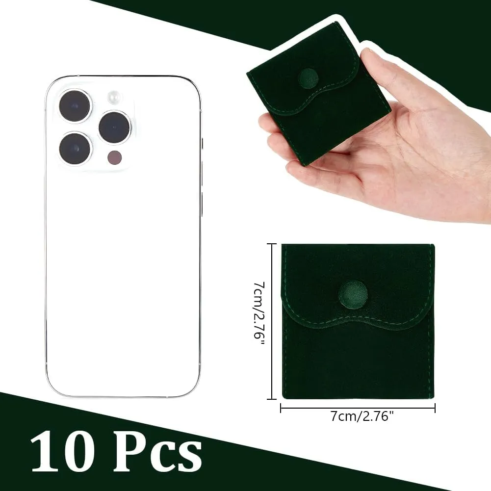 NBEADS 10 Pcs Velvet Jewelry Pouches with Snap Button, 2.76x2.76 Inch Square Velvet Jewelry Storage Bags Luxury Gift Bag and Jewelry Necklace Bracelet Packing, Dark Green
