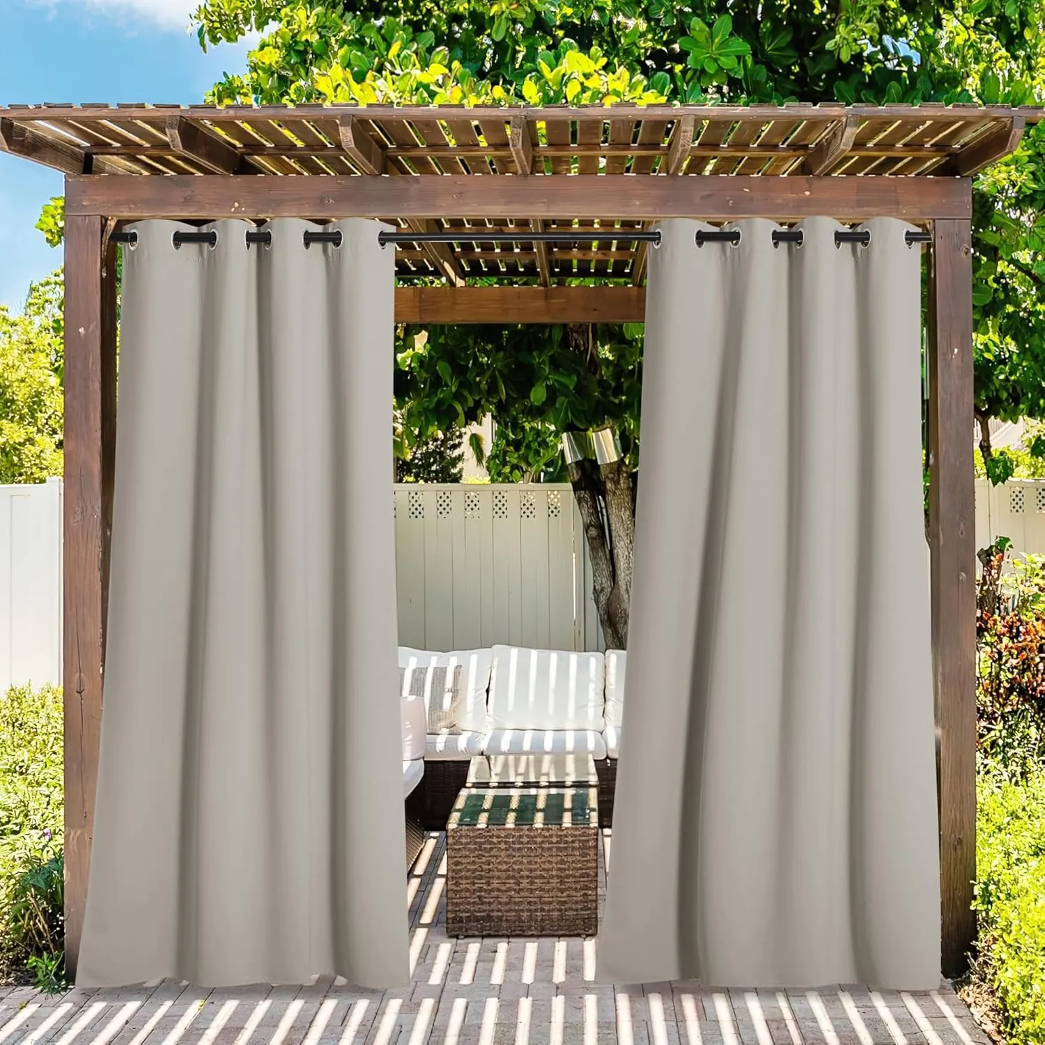 NICETOWN 2 Panels Patio Curtains for Outdoor Waterproof, Machine Washable Rustproof Grommet Thermal Insulated Room Darkening Outdoor Drapes Privacy for Balcony, W52 x L108, Natural