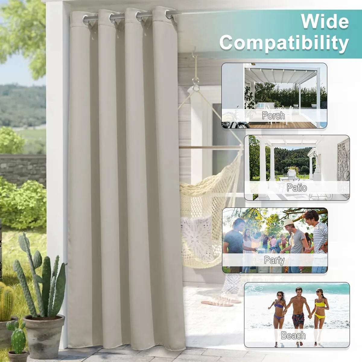 NICETOWN 2 Panels Patio Curtains for Outdoor Waterproof, Machine Washable Rustproof Grommet Thermal Insulated Room Darkening Outdoor Drapes Privacy for Balcony, W52 x L108, Natural