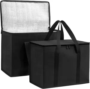 (Not Made In China) Insulated Grocery Bags w/Zippered Top, Reusable Shopping Bags, Catering and Delivery Bag For Hot and Cold Food, Collapsible Thermal Tote For Doordash and Uber Eats